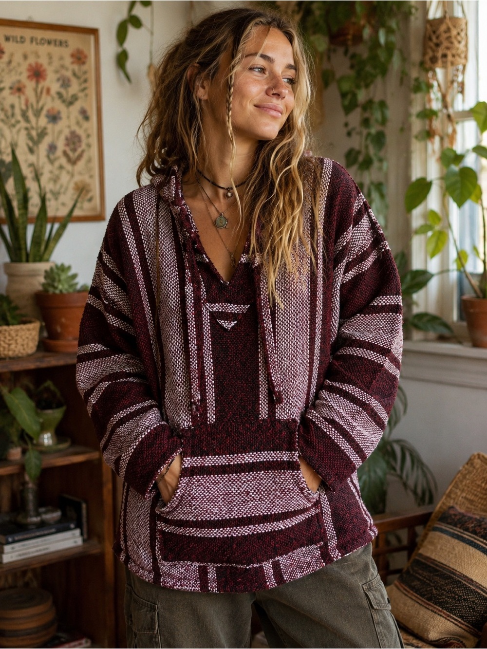 Vintage Baja Hoodie Pullover XL Mexican Blanket Hoodie Burgundy